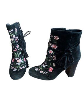 Anthropologie Sam Edelman Black Suede Embroidered Floral Winnie Ankle Boots Sz 8